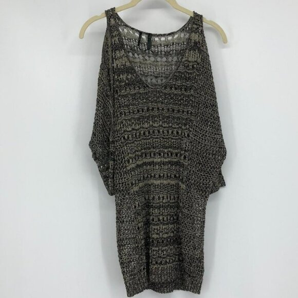 Guess tan black open knit Dani  Pointelle sweater 3/4 sleeve small - Picture 2 of 14